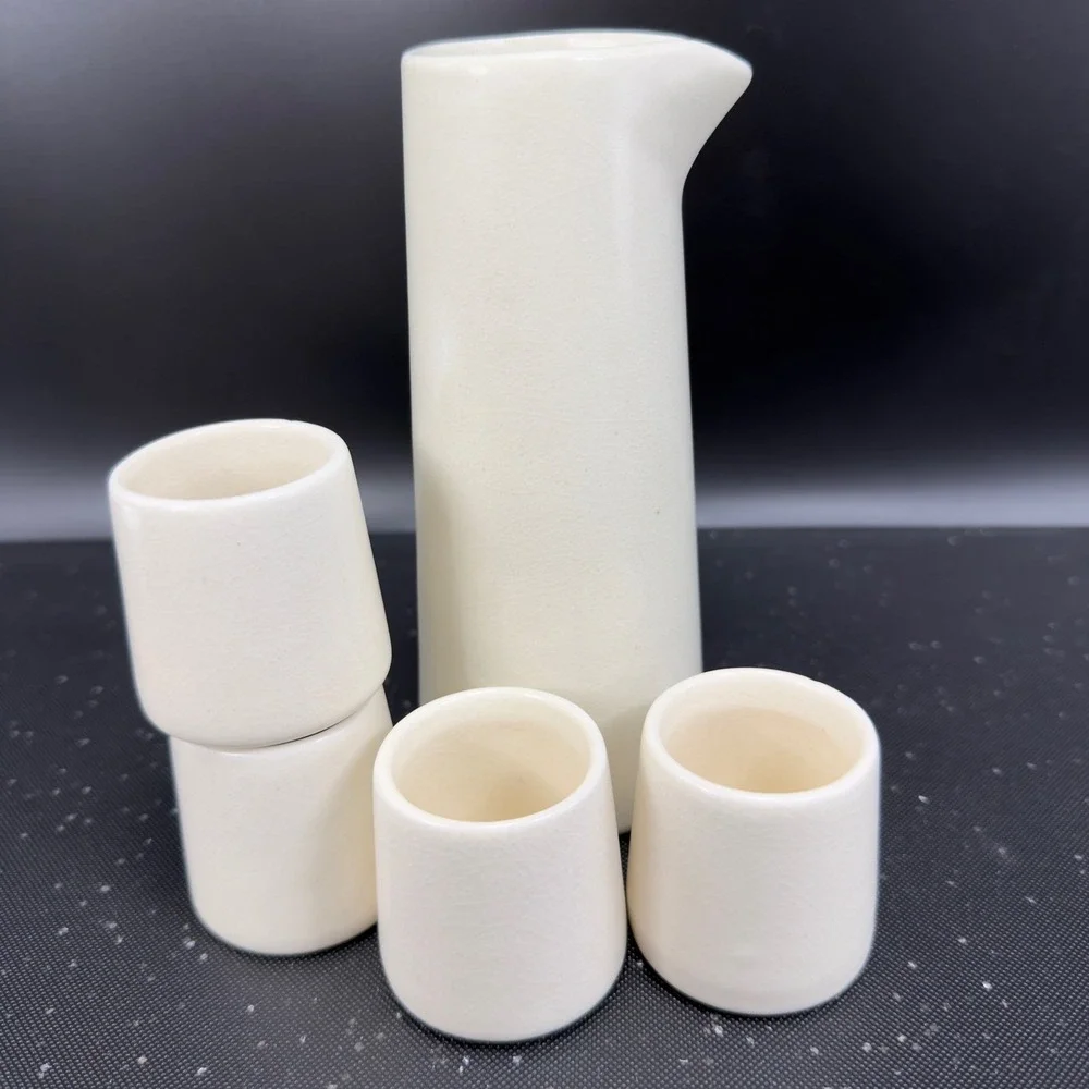 HomArt Ceramic Sake Set Cream White Crackle Glaze Carafe‎ 4 Cups Made in Vietnam